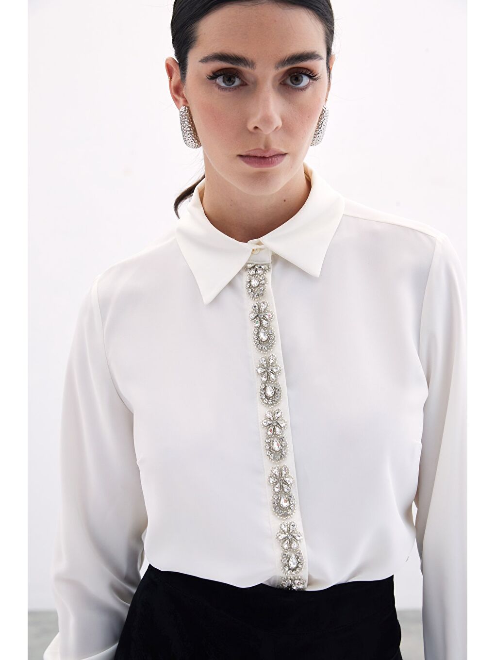 Şerit Aksesuarlı Gömlek - Ekru-3