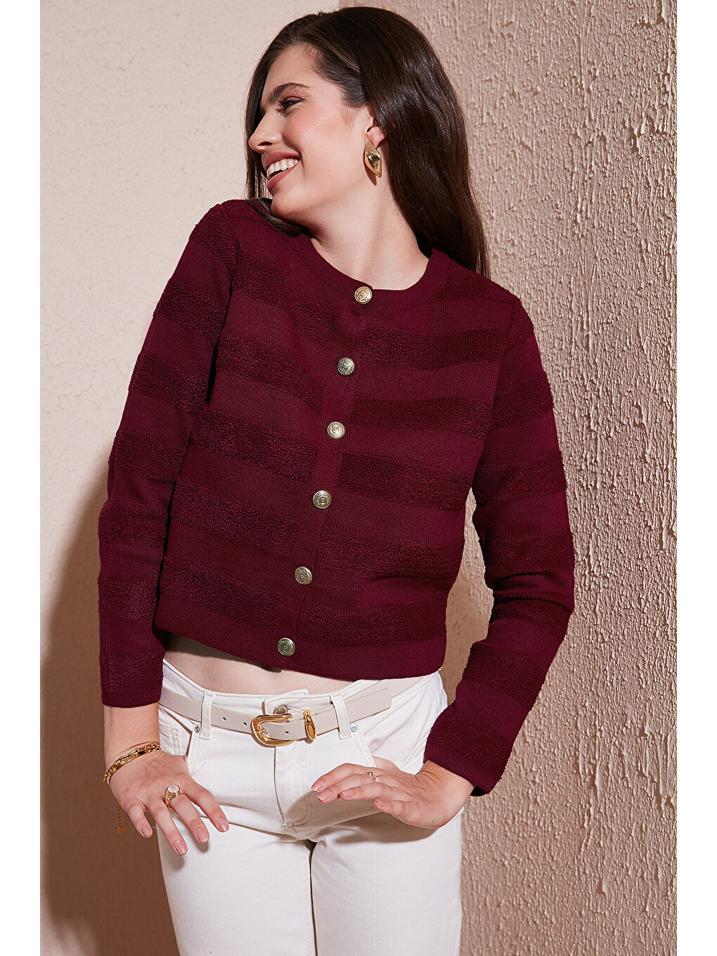 Bordo Premium Regular Fit Bisiklet Yaka Düğmeli Dokulu Triko Hırka 680HI00337-1