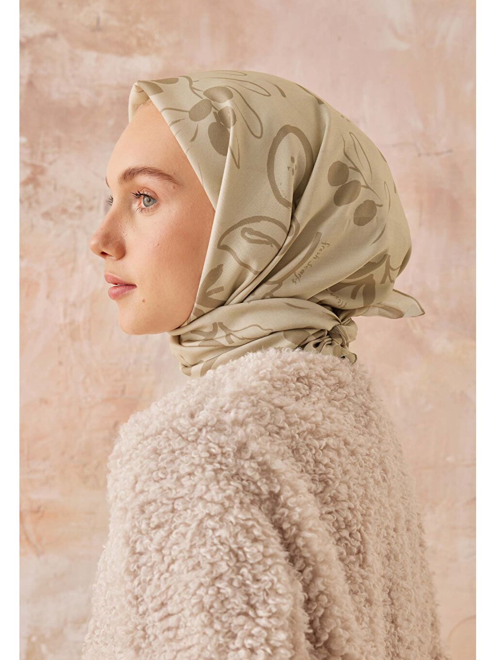 Luna Desen Pamuk İpek Eşarp Bej-3