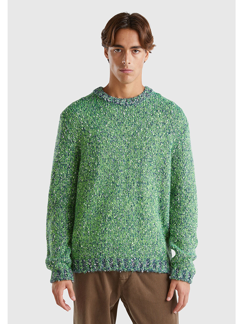 Erkek Yeşil Pamuk ve Yün Karışımlı Ribanalı Renk Detaylı Kazak