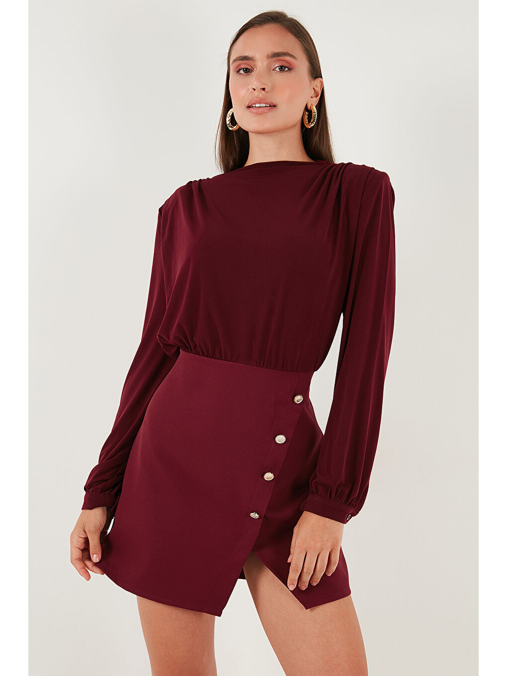 Bordo Vatkalı Regular Fit Yırtmaç Detaylı Dik Yaka Mini Boy Elbise 611EL751-4