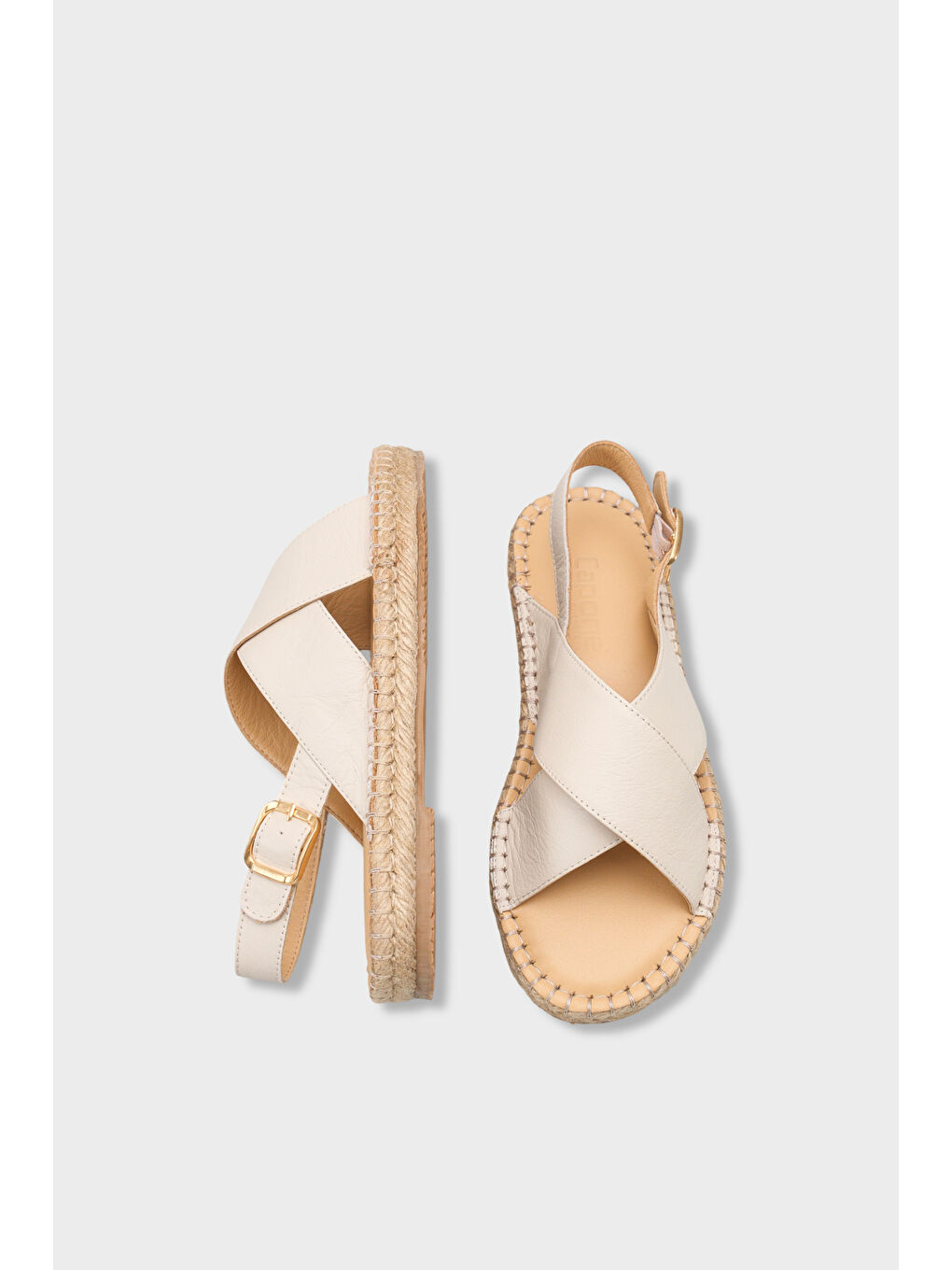 Bej Lilian Hakiki Deri Espadril Tabanlı Kadın Sandalet-4