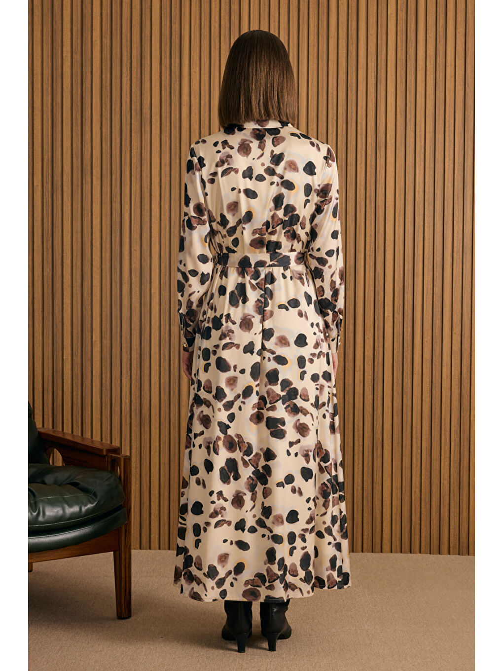 Ekru Desenli Elbise-5