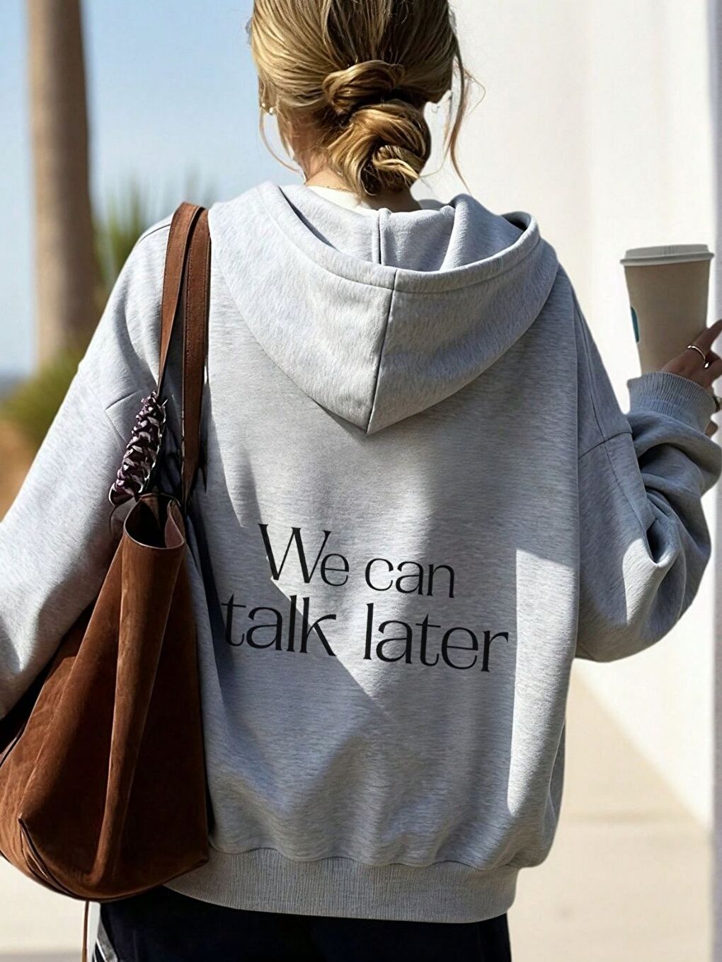 Gri We Can Talk Later Baskılı Kapüşonlu Oversize Sweatshirt