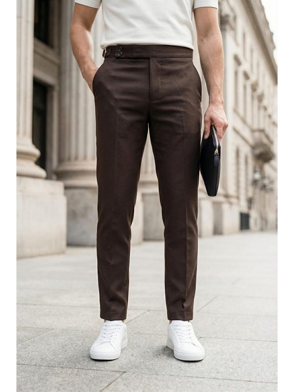 Kahverengi Gurkha Stil Yan Ayarlı Metal Tokalı Slim Fit Erkek Kumaş Pantolon Özel Kesim Kruvaze Bel-1