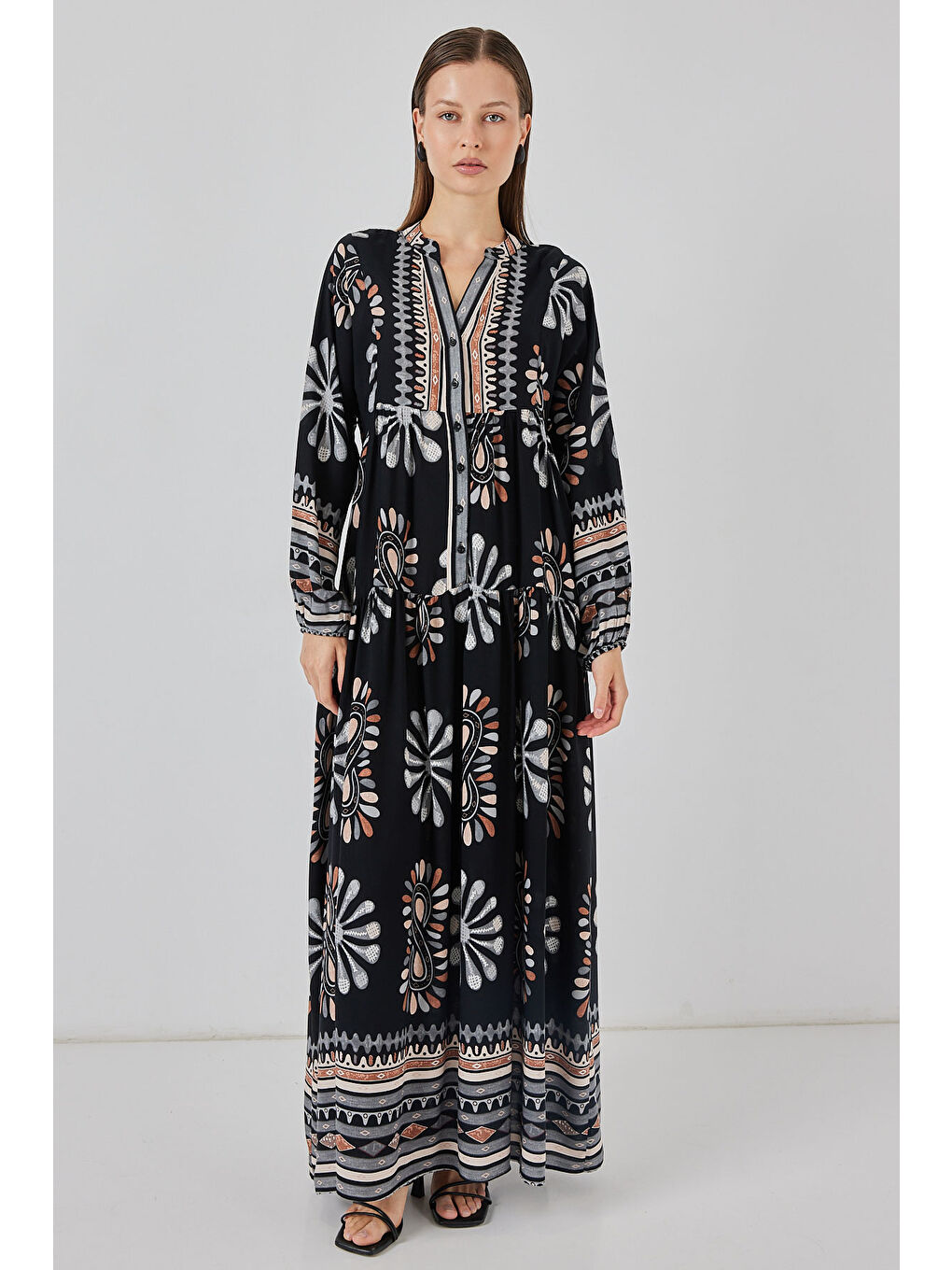 Kadın Desenli Uzun Tesettür Elbise 2585 - A.Siyah-3