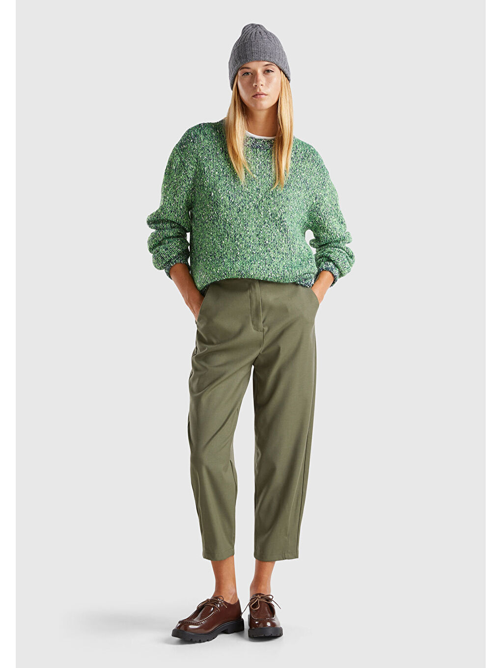 Erkek Yeşil Pamuk ve Yün Karışımlı Ribanalı Renk Detaylı Kazak-3