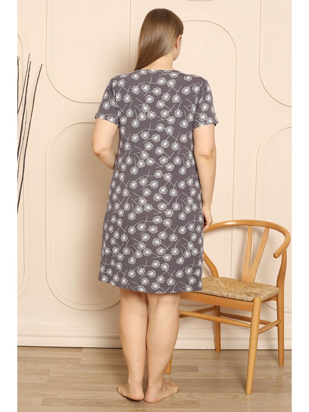 Mor Kadın Büyük Beden Desenli Satenli Viskon Gecelik-4