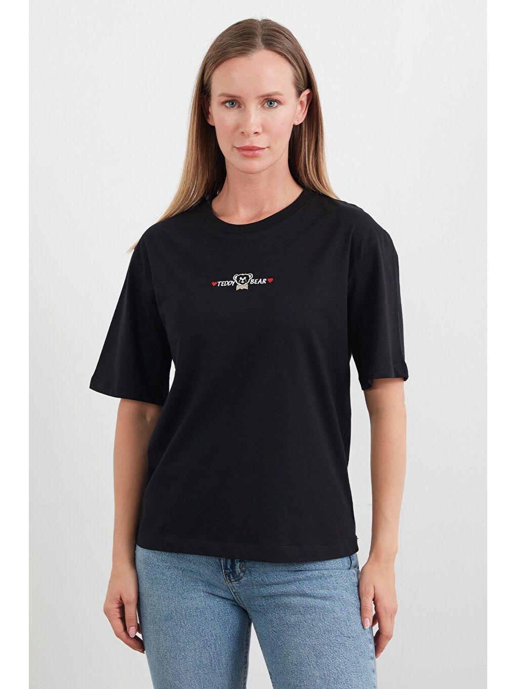 Siyah Teddy Bear Yazı Nakışlı Bisiklet Yaka Tişört-1
