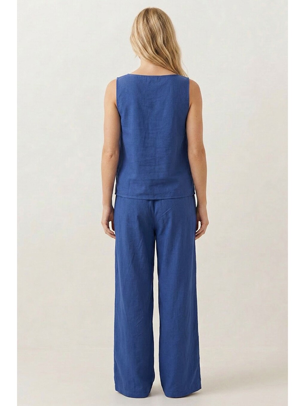 Mavi Kalın Askılı Bluz Beli Lastikli Pantolon Dokuma Modal Alt-üst Takım 8051-3