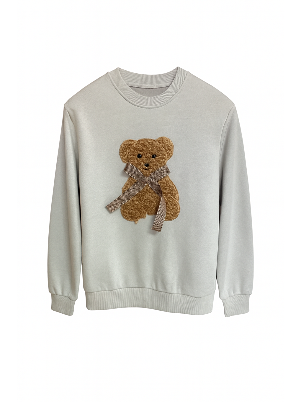 Yeşil Kadın Pamuklu Kalın Kışlık Fiyonklu Kabartma Ayıcık Desenli Yüksek Kalite Ribana Kol Sweatshirt