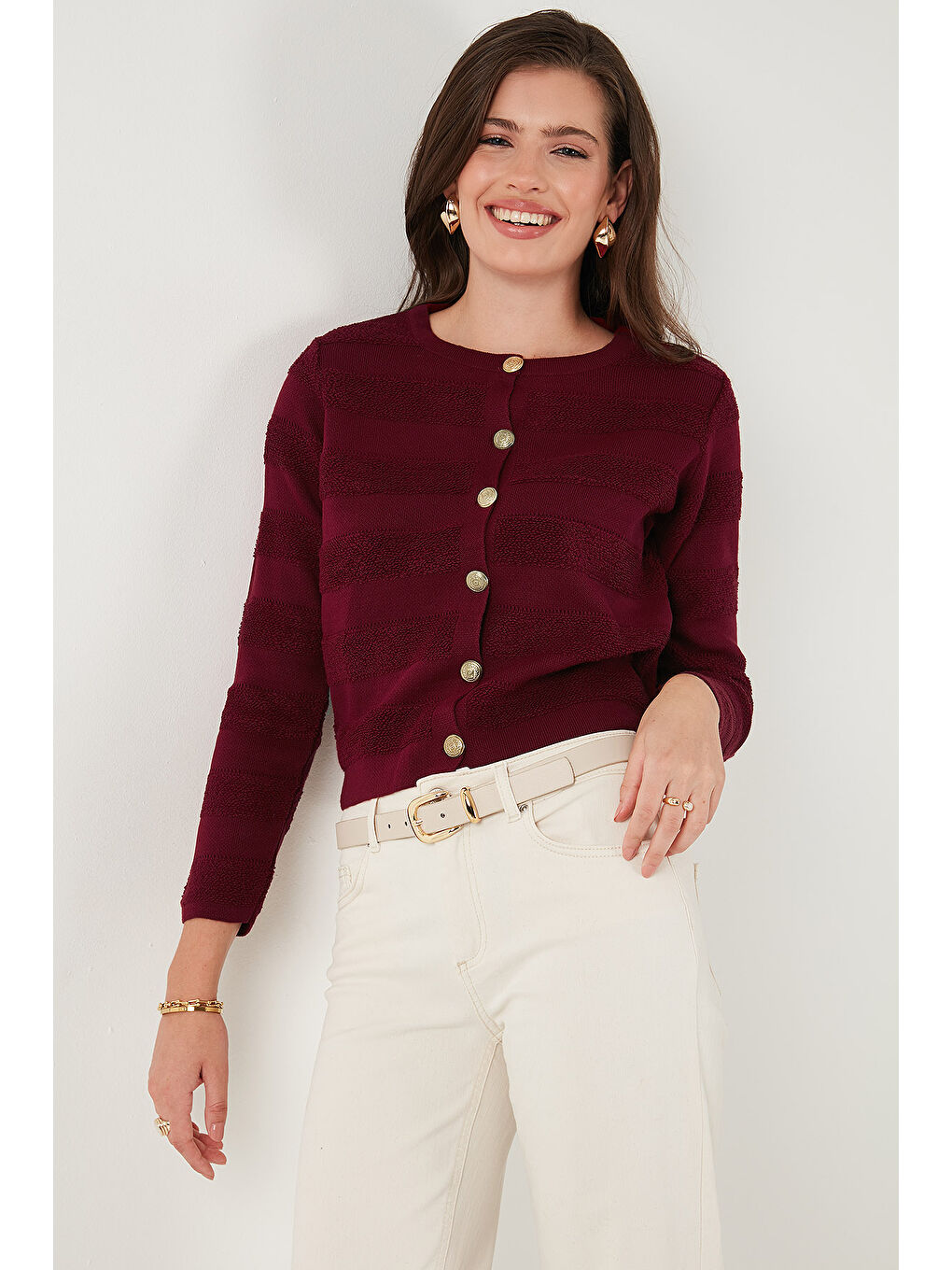 Bordo Premium Regular Fit Bisiklet Yaka Düğmeli Dokulu Triko Hırka 680HI00337-2