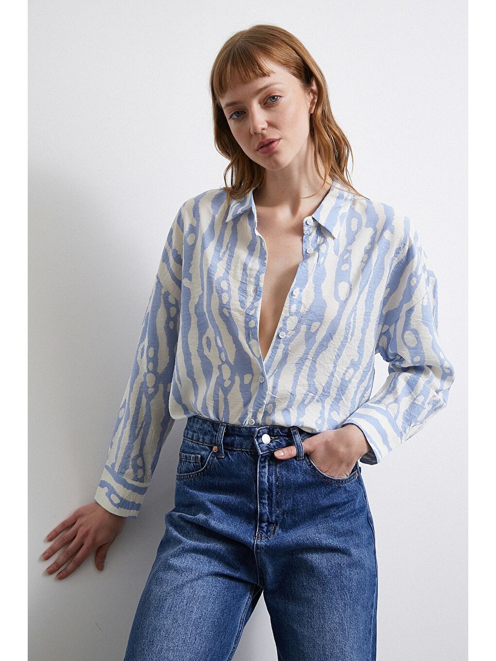 Zebra Desen Modal Gömlek Mavi-4