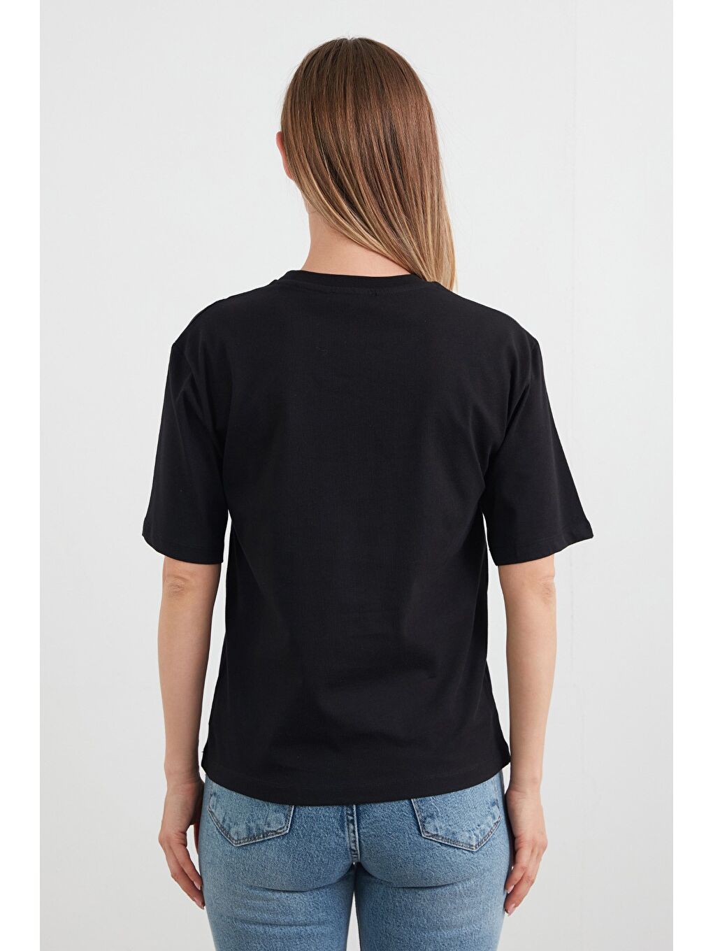 Siyah Teddy Bear Yazı Nakışlı Bisiklet Yaka Tişört-3