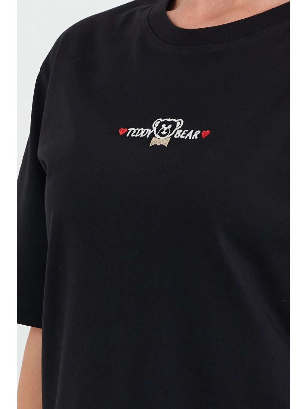 Siyah Teddy Bear Yazı Nakışlı Bisiklet Yaka Tişört-4