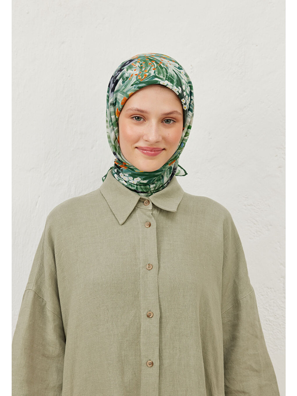 Botanic Desen Pamuk Vual Eşarp Yeşil-1