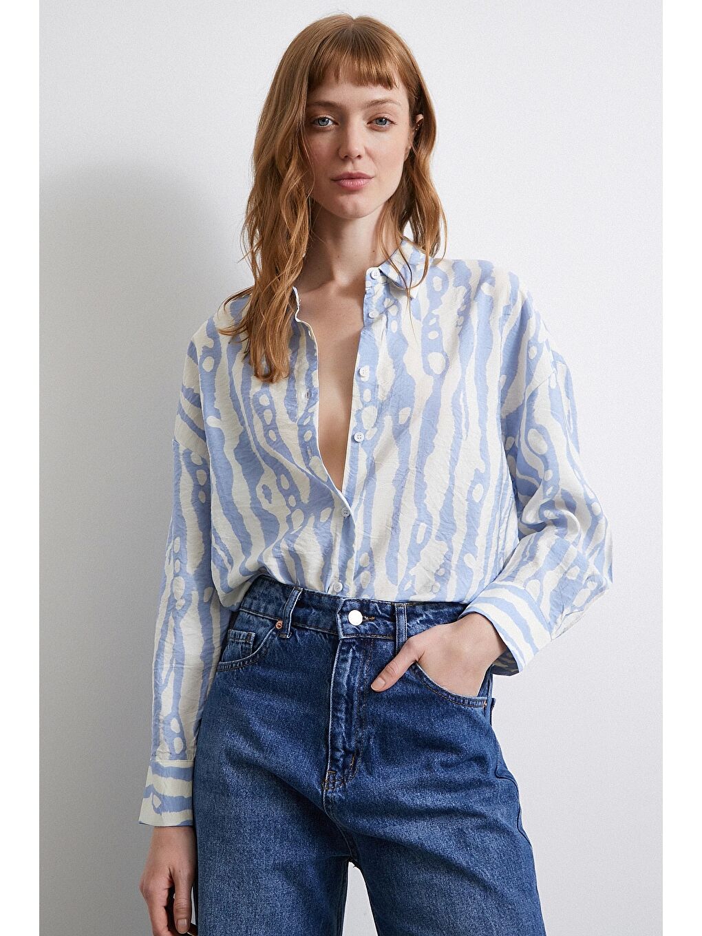 Zebra Desen Modal Gömlek Mavi-5