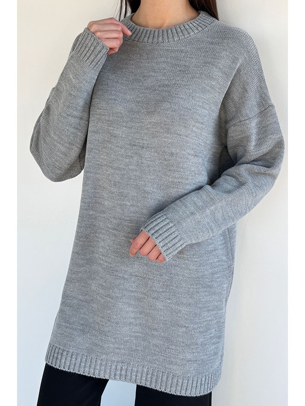 Gri Kadın Bisiklet Yaka Yırtmaçlı Triko Tunik-2