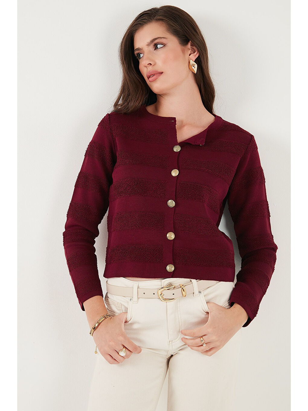 Bordo Premium Regular Fit Bisiklet Yaka Düğmeli Dokulu Triko Hırka 680HI00337-3