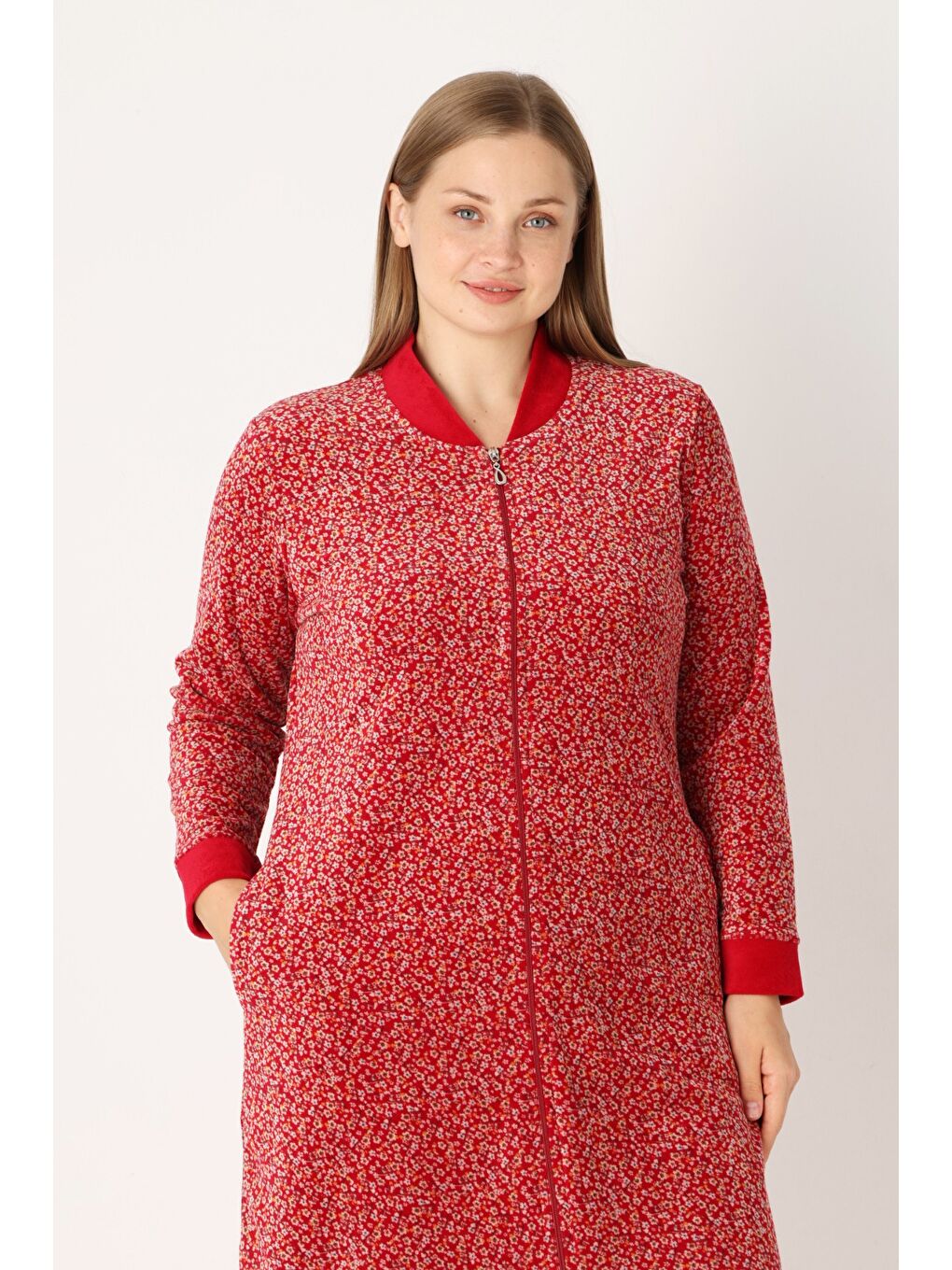Kırmızı Desenli Pamuklu Kadife Cepli Fermuarlı Uzun Kollu Kadın Büyük Beden Elbise-2