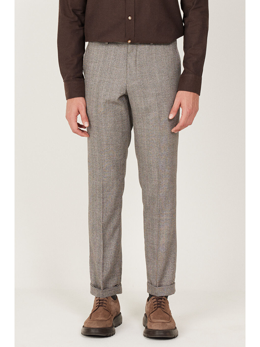 Erkek Kahverengi Comfort Fit Rahat Kesim Beli Lastikli Desenli Esnek Pantolon