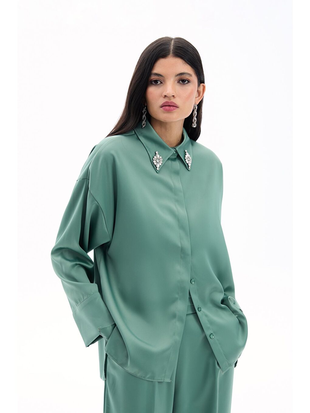 Aksesuar Detaylı Gömlek - Çağla Yeşili-2