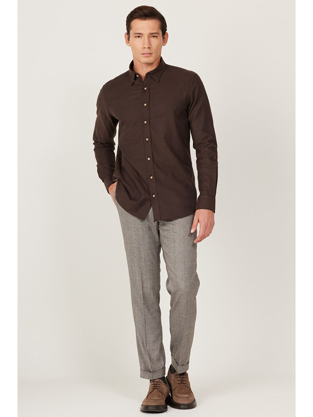 Erkek Kahverengi Comfort Fit Rahat Kesim Beli Lastikli Desenli Esnek Pantolon-1