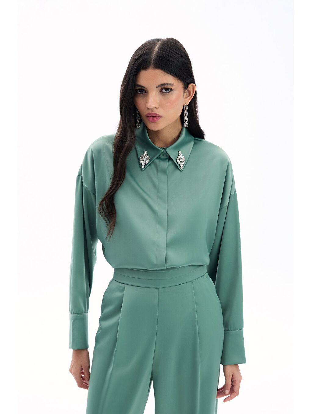 Aksesuar Detaylı Gömlek - Çağla Yeşili-3