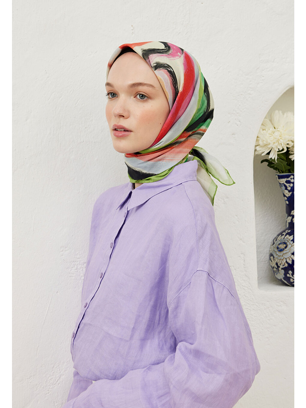 Colour Waves Desen Pamuk Vual Eşarp Yeşil-1