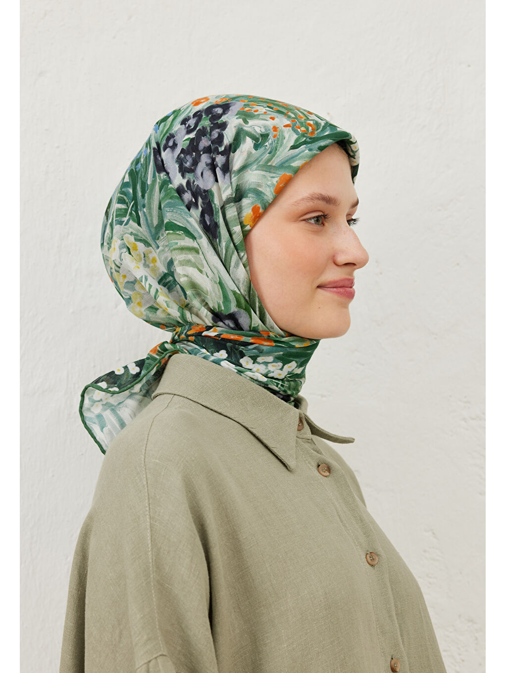 Botanic Desen Pamuk Vual Eşarp Yeşil-2