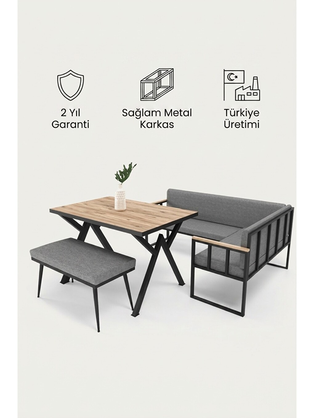 Koza Mutfak Köşesi Takımı | Masa + L Köşe Bank + Bank, Minderli, Modern Gri-6