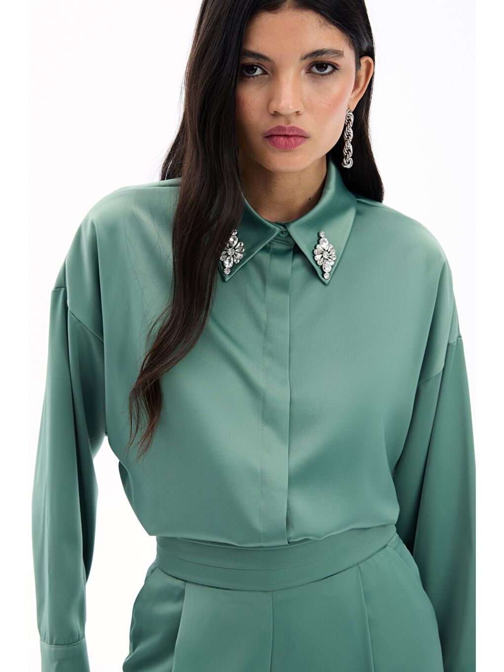Aksesuar Detaylı Gömlek - Çağla Yeşili-4