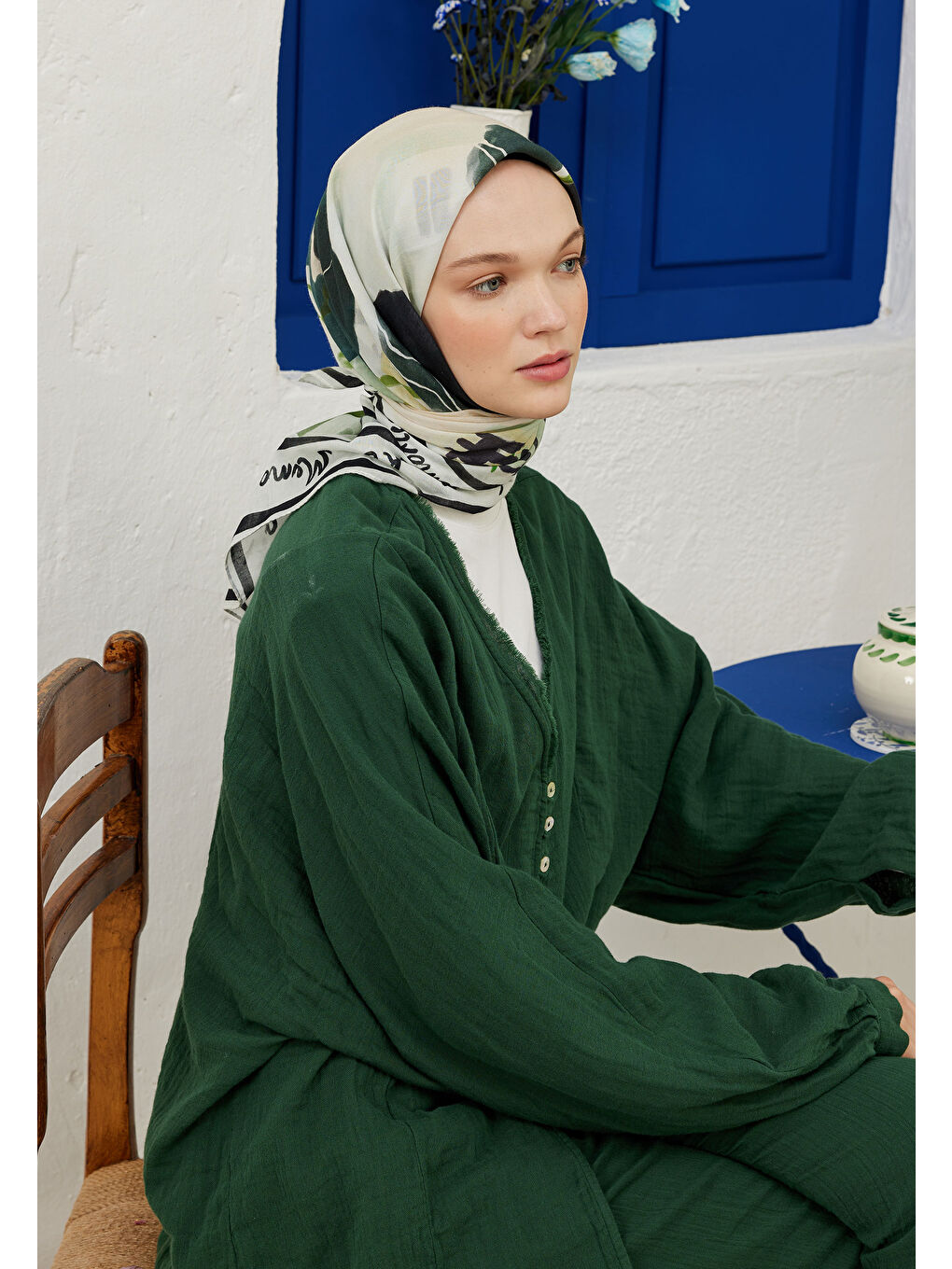 Sunset Memories Desen Pamuk Vual Eşarp Soft Yeşil