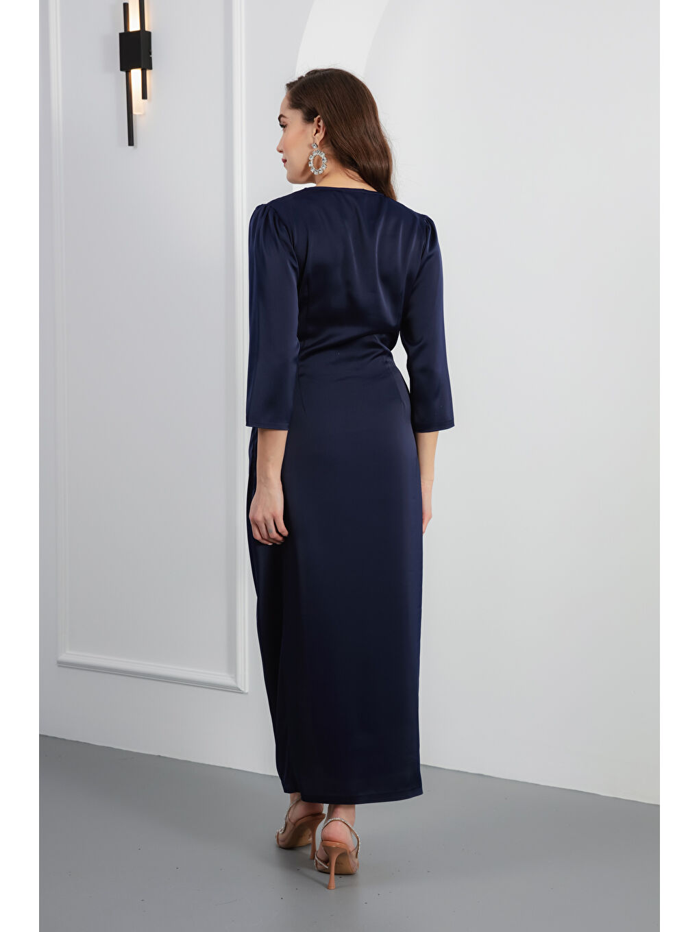 Kadın Lacivert V Yaka Midi Abiye Elbise-4