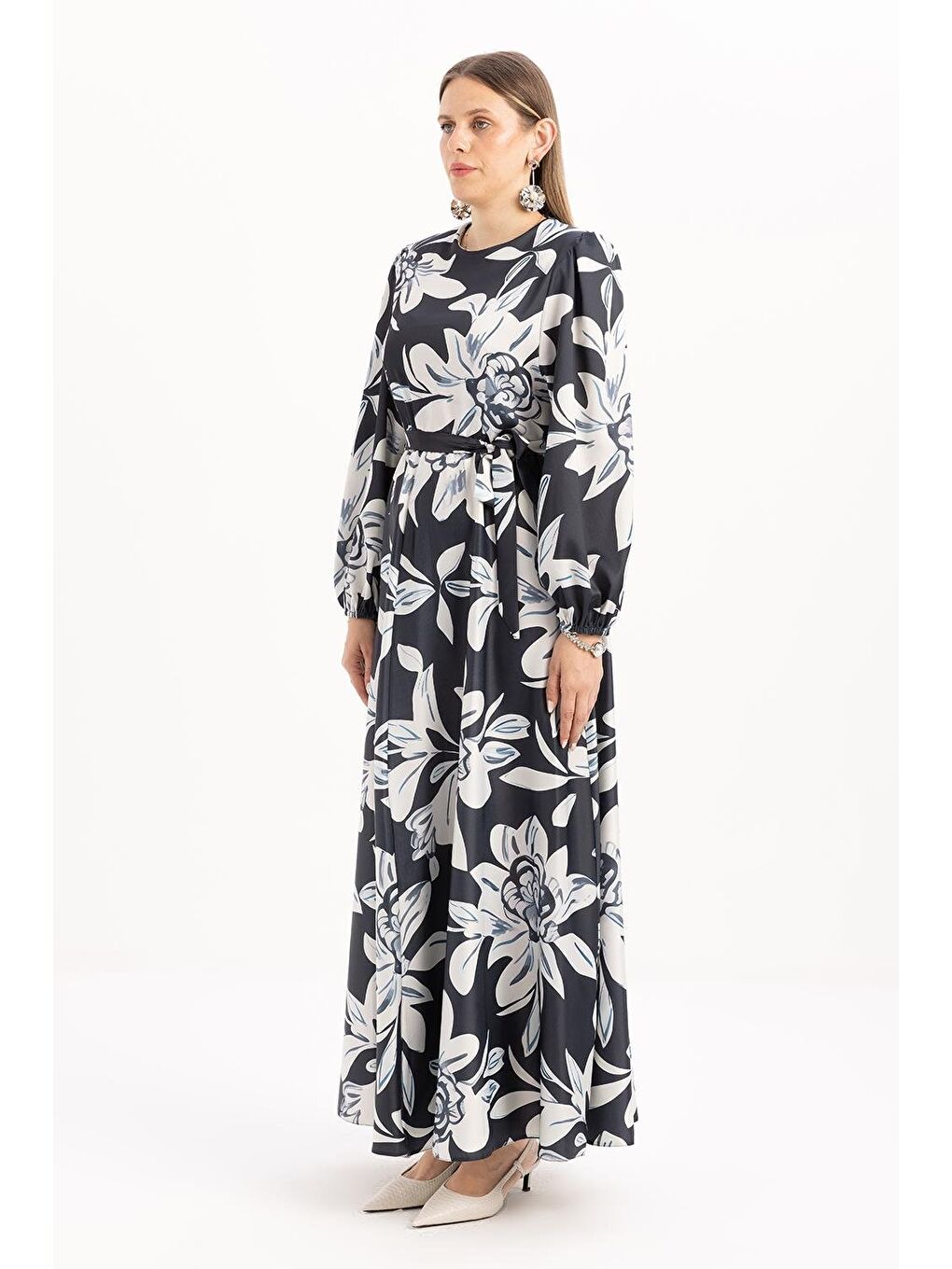 Antrasit İndigo-Taş-Desenli Kuşaklı Elbise-2