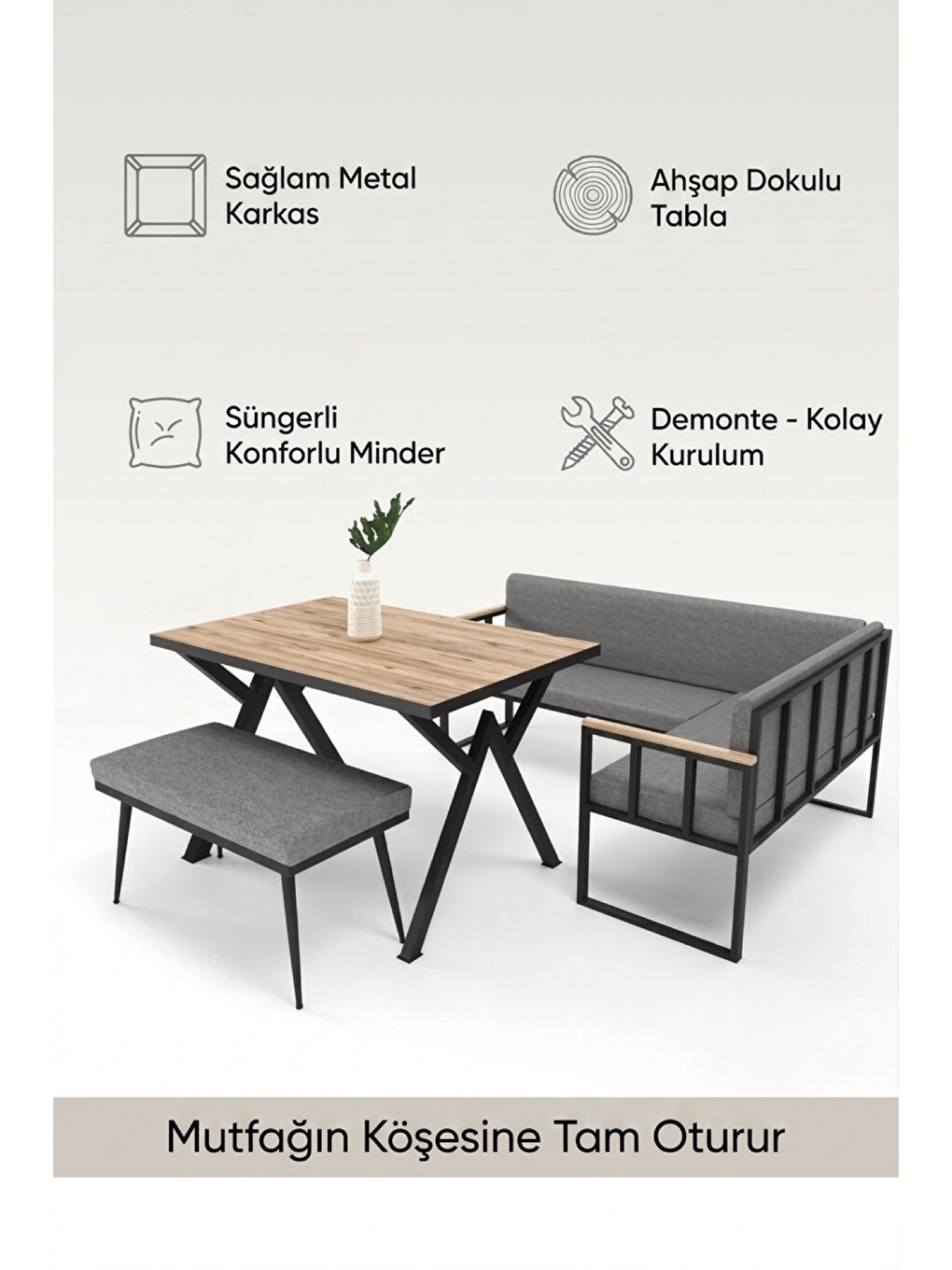 Koza Mutfak Köşesi Takımı | Masa + L Köşe Bank + Bank, Minderli, Modern Gri-7