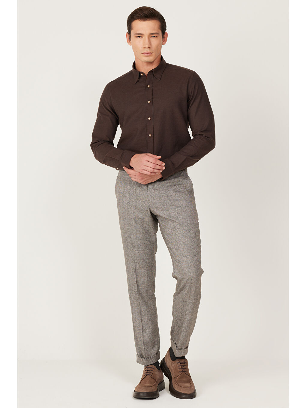 Erkek Kahverengi Comfort Fit Rahat Kesim Beli Lastikli Desenli Esnek Pantolon-2