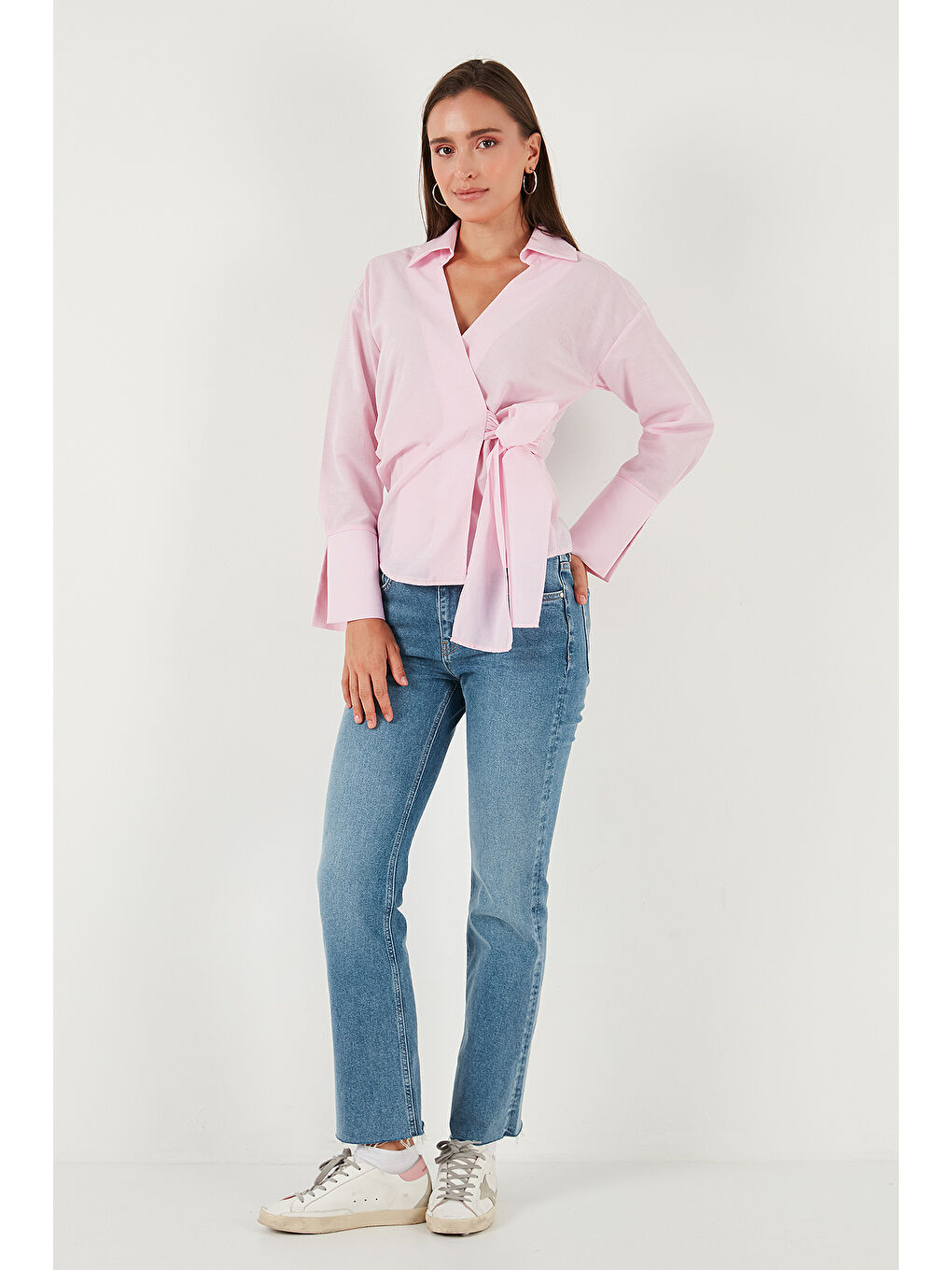 Pembe Pamuklu Regular Fit Uzun Kollu Bağlama Detaylı Gömlek 65200538-1