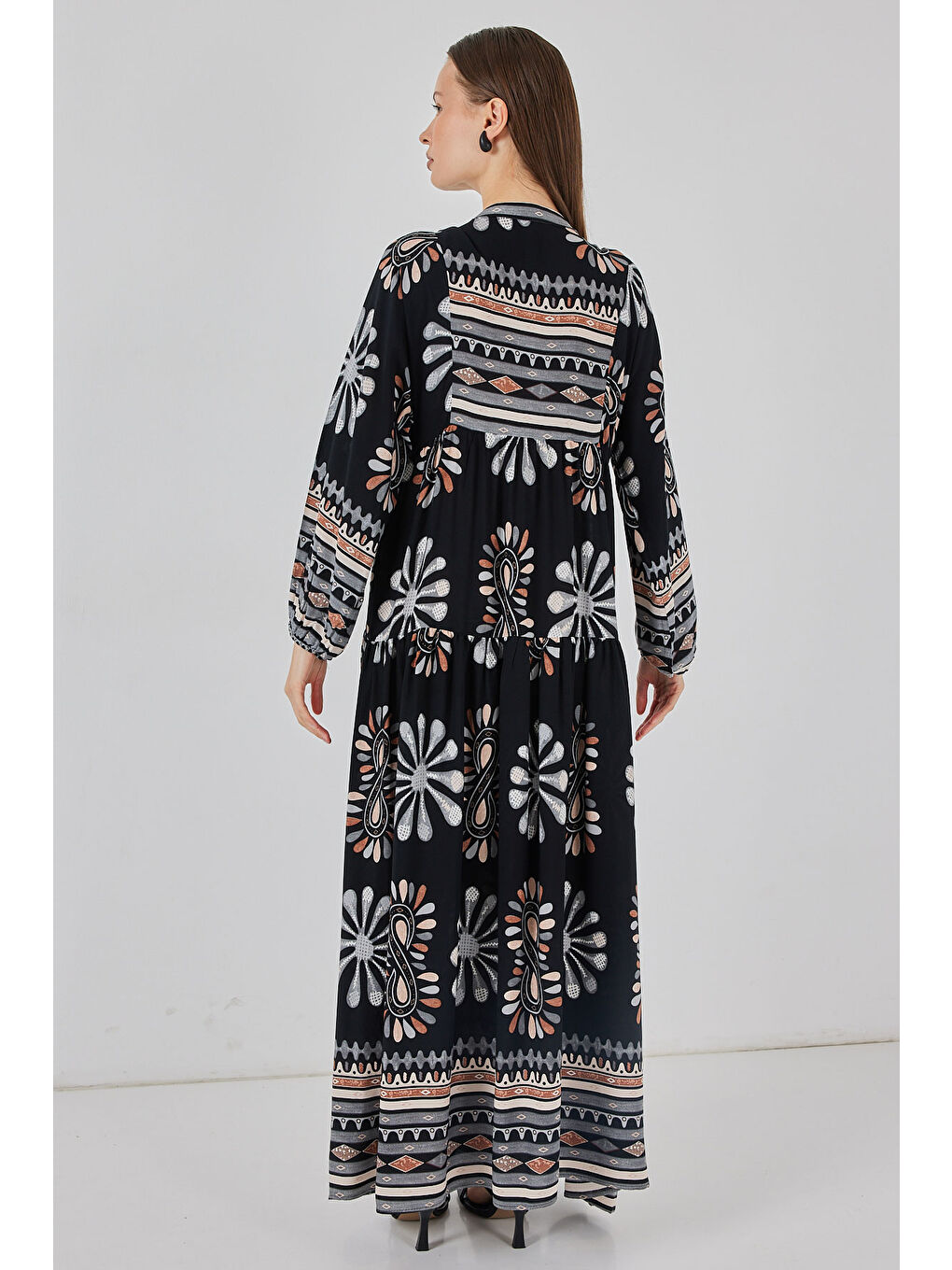 Kadın Desenli Uzun Tesettür Elbise 2585 - A.Siyah-5