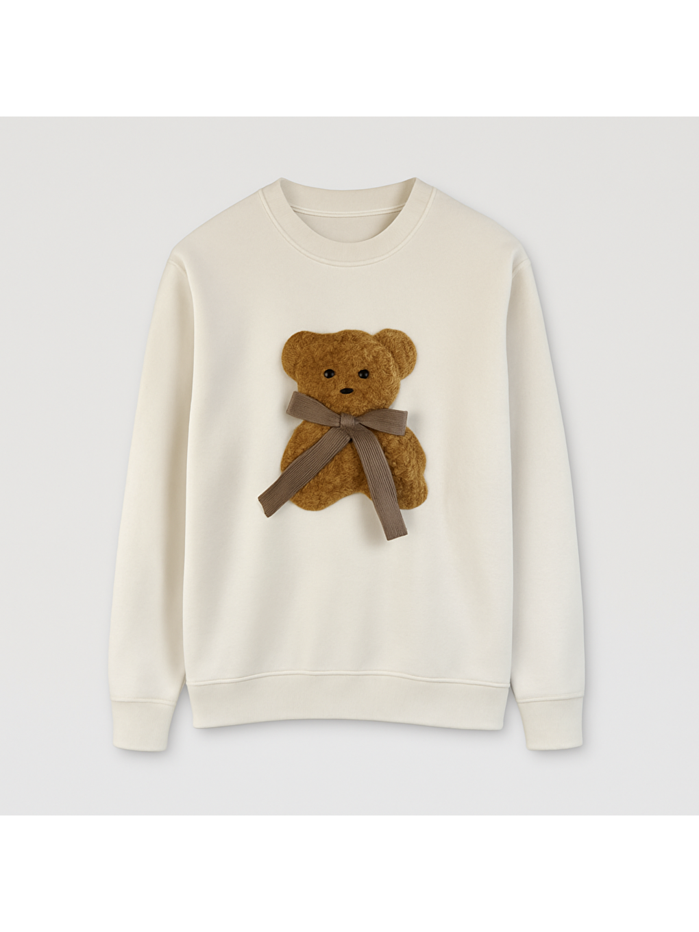 Ekru Kadın Pamuklu Kalın Kışlık Fiyonklu Kabartma Ayıcık Desenli Yüksek Kalite Ribana Kol Sweatshirt