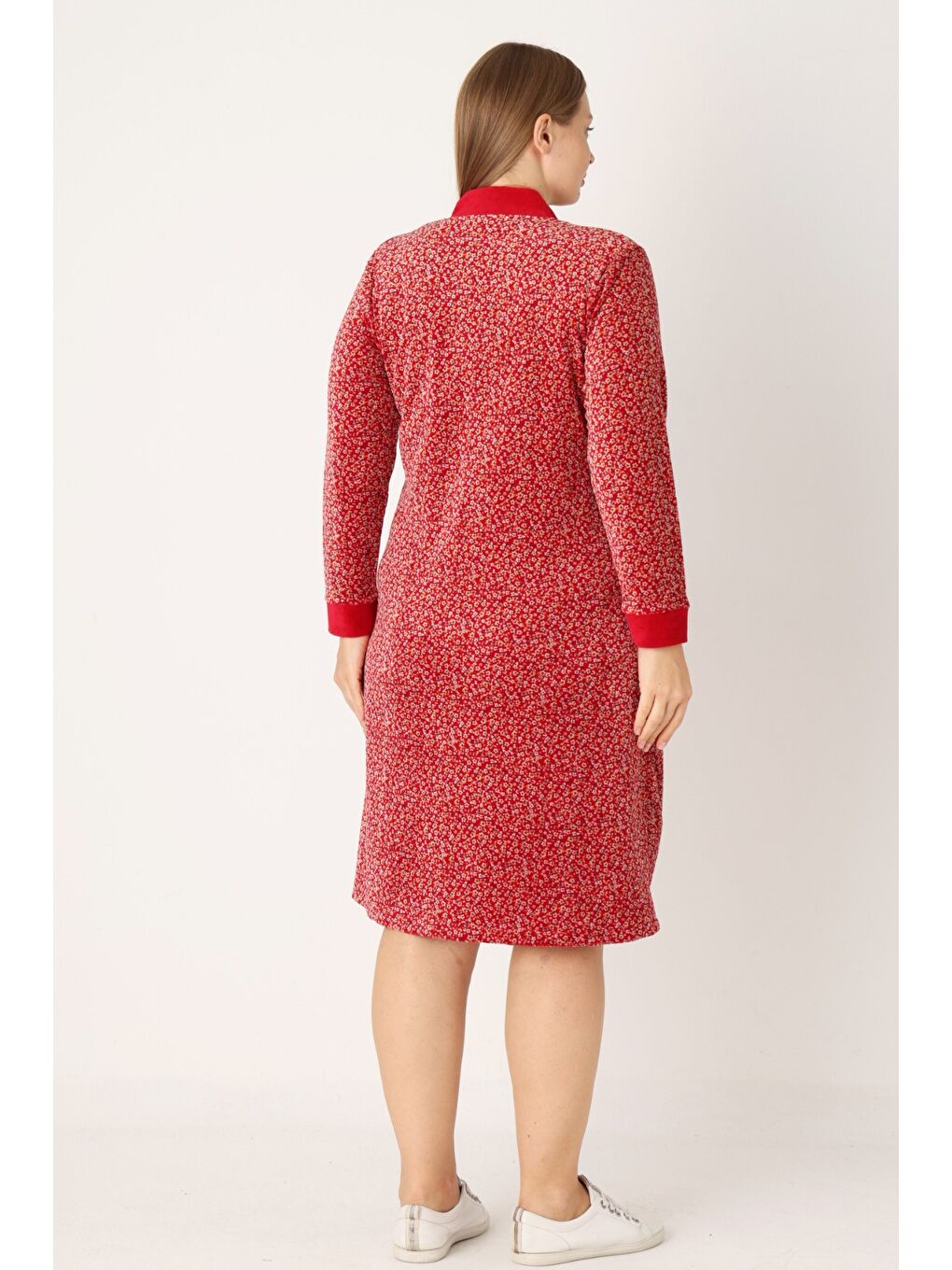 Kırmızı Desenli Pamuklu Kadife Cepli Fermuarlı Uzun Kollu Kadın Büyük Beden Elbise-4