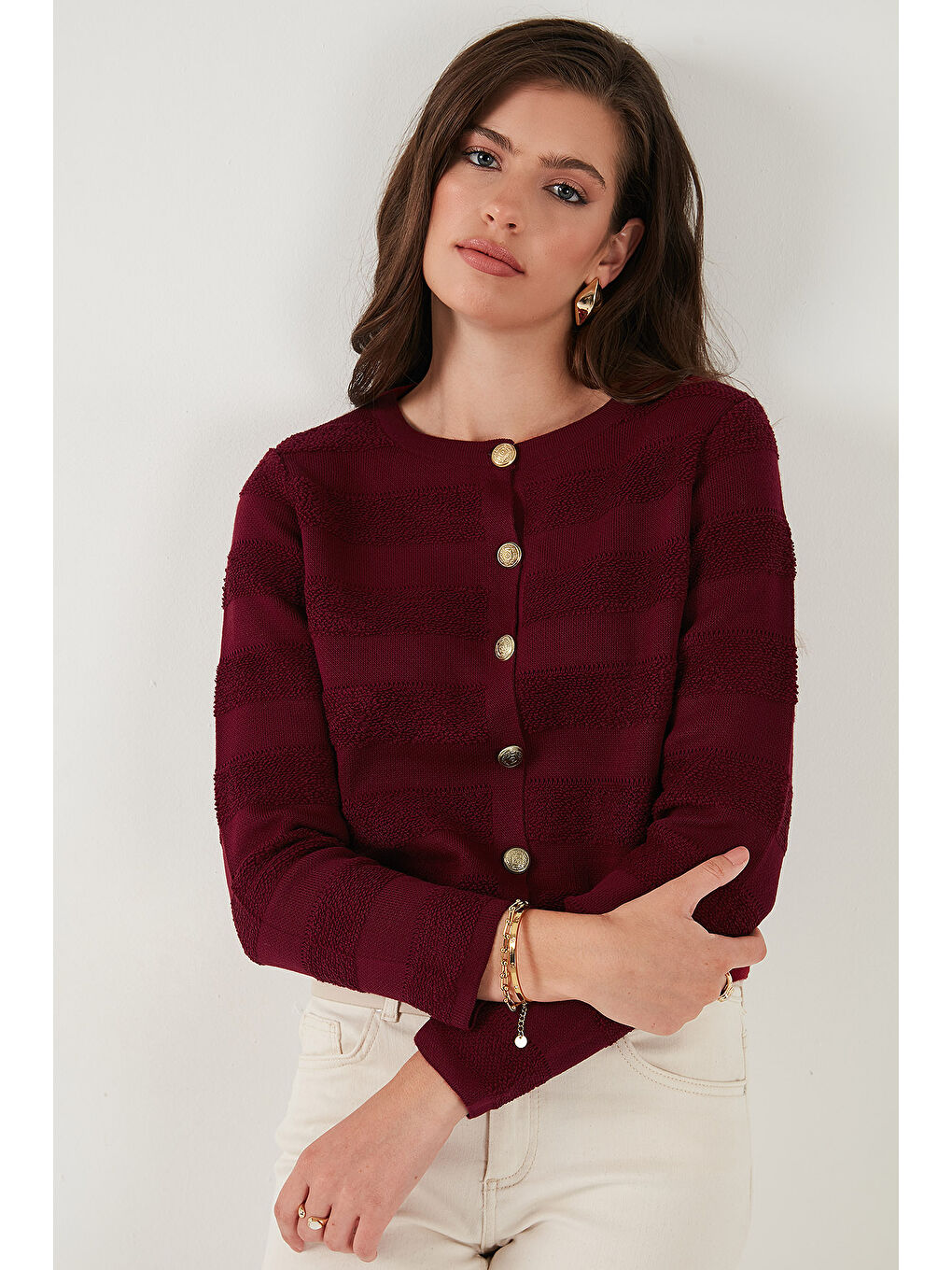 Bordo Premium Regular Fit Bisiklet Yaka Düğmeli Dokulu Triko Hırka 680HI00337-4