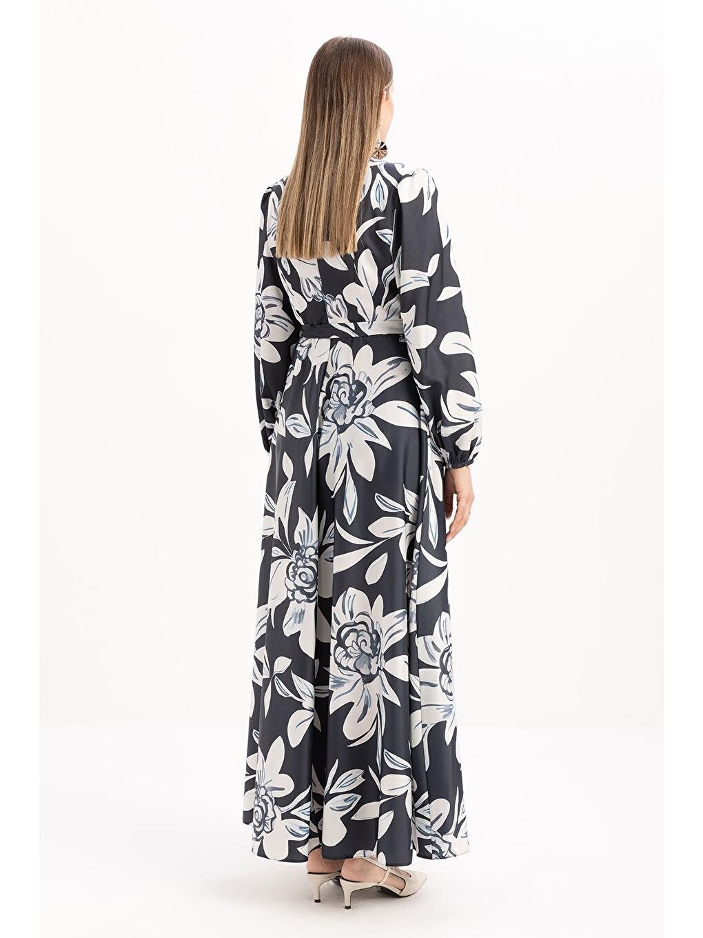 Antrasit İndigo-Taş-Desenli Kuşaklı Elbise-3