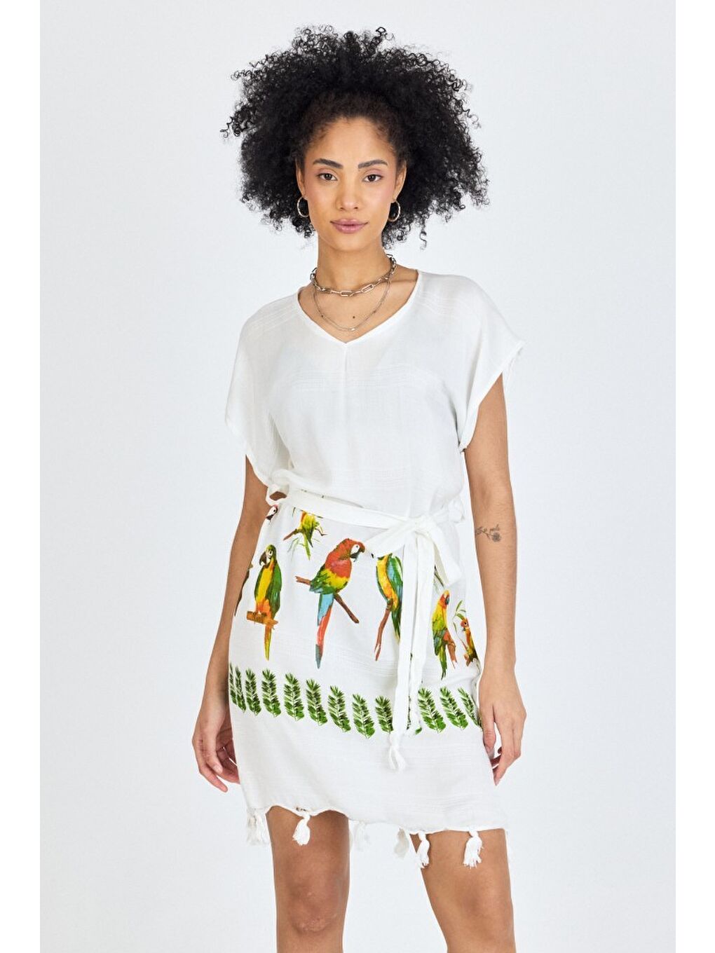 Beyaz Samira Baskılı Bambu Plaj Elbisesi Pareo Havlu-1