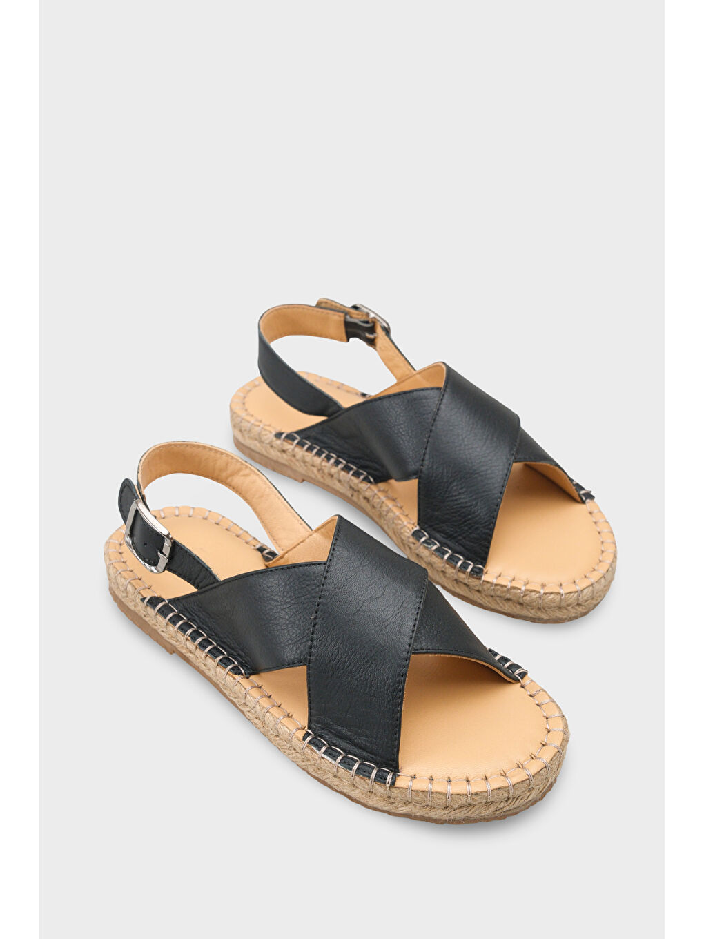 Siyah Lilian Hakiki Deri Espadril Tabanlı Kadın Sandalet-1