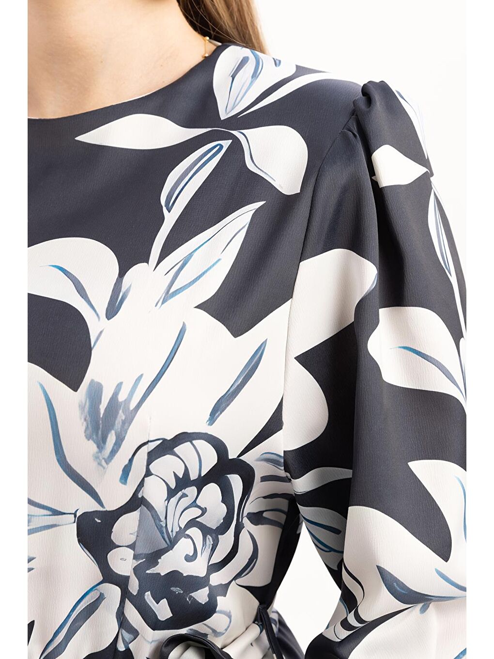 Antrasit İndigo-Taş-Desenli Kuşaklı Elbise-4