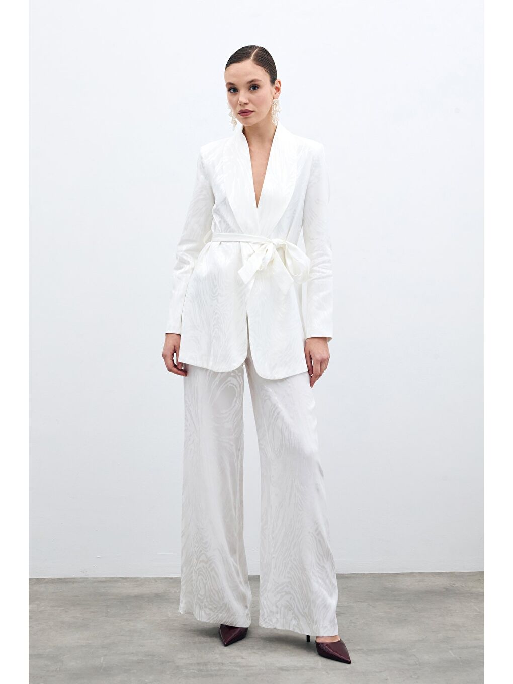 Yüksek Bel Desenli Pantolon - Ekru