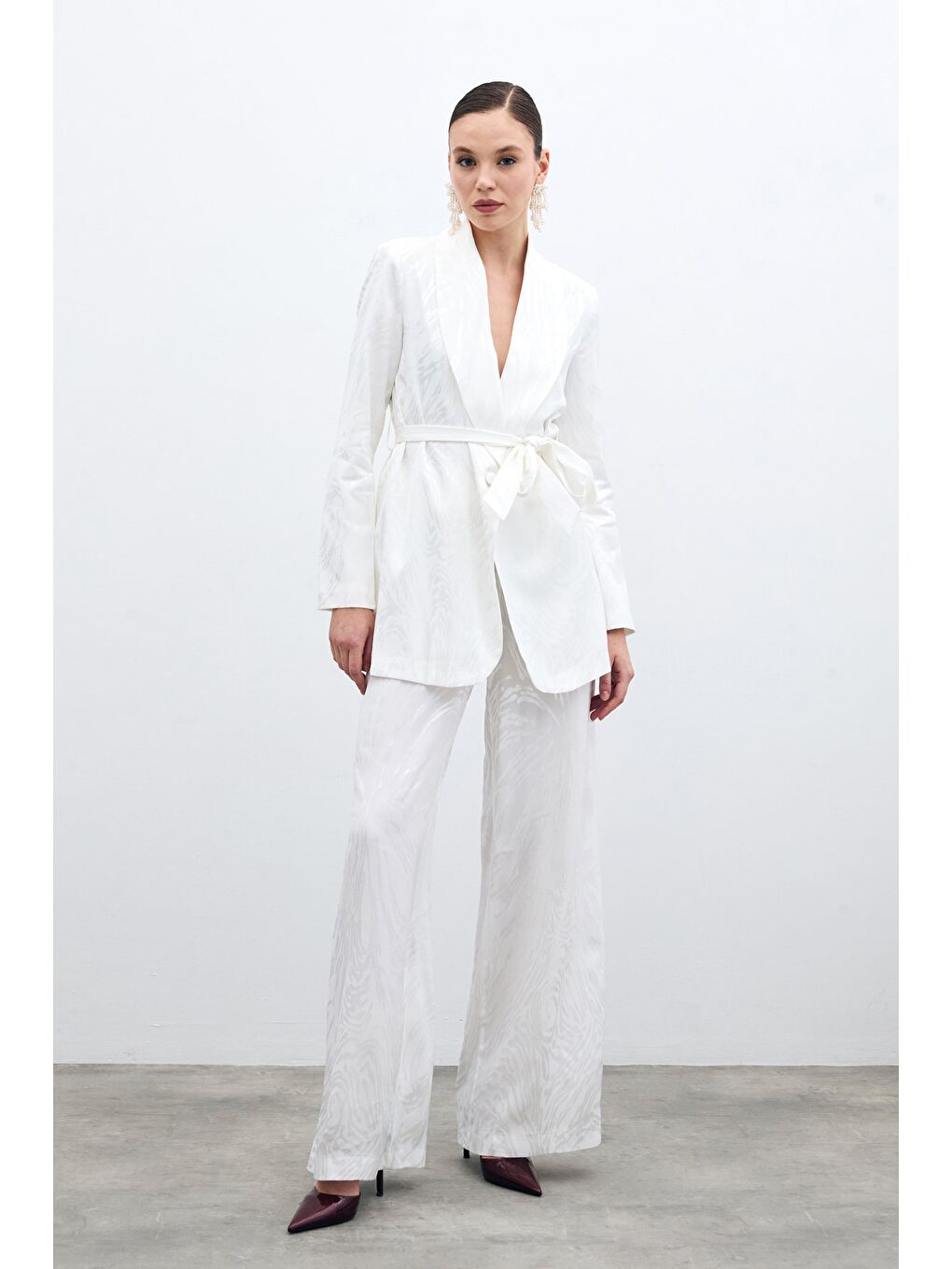 Yüksek Bel Desenli Pantolon - Ekru-1