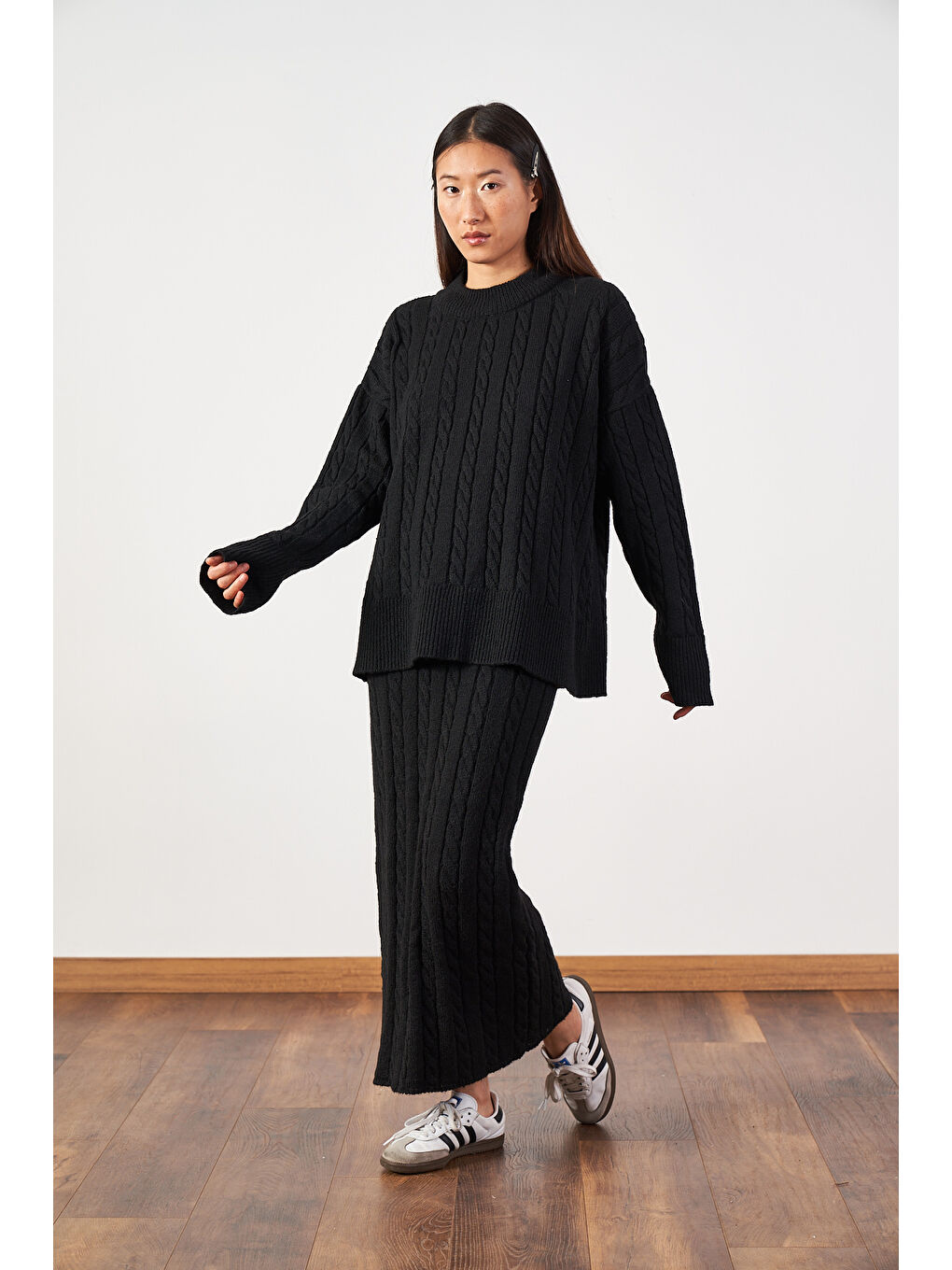 Saç Örgü Oversize Kazak Uzun Etek Triko Takımı Siyah-1