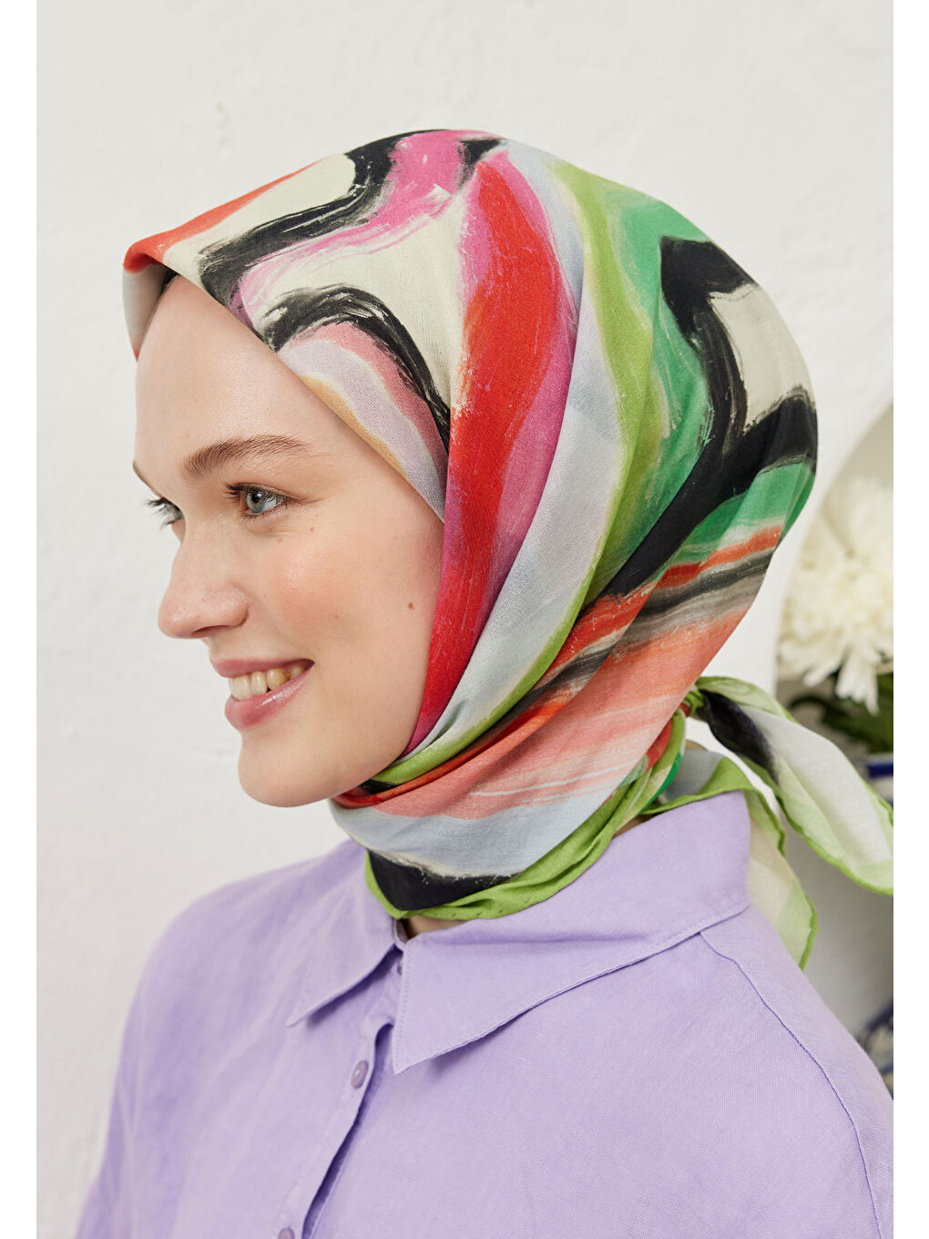 Colour Waves Desen Pamuk Vual Eşarp Yeşil-2